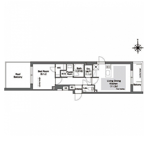 コンフォリア・リヴ文京護国寺(1LDK[Nタイプ]：44.43㎡)の間取り画像