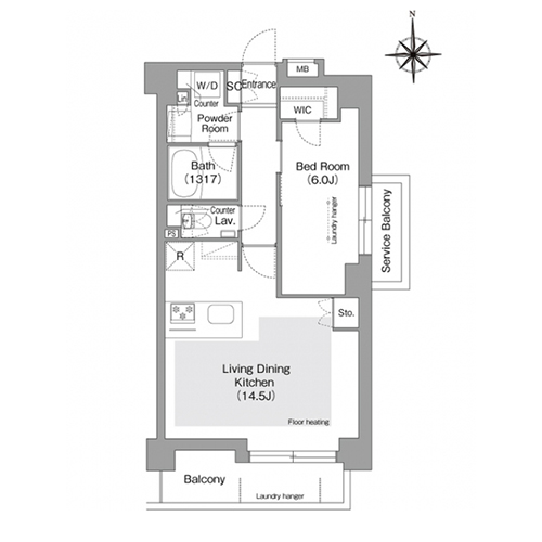 コンフォリア・リヴ文京護国寺(1LDK[Oタイプ]：49.16㎡)の間取り画像