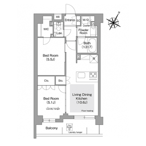 コンフォリア・リヴ文京護国寺(2LDK[Fタイプ]：50.70㎡)の間取り画像