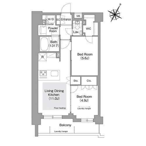 コンフォリア・リヴ文京護国寺(2LDK[Gタイプ]：50.87㎡)の間取り画像