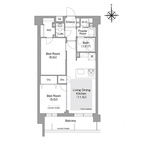 コンフォリア・リヴ文京護国寺(2LDK[K`1タイプ]：52.80㎡)の間取り画像