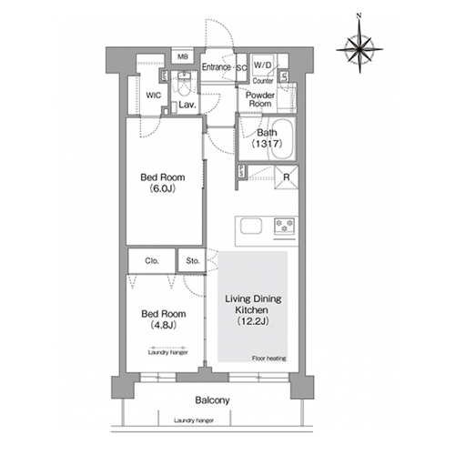 コンフォリア・リヴ文京護国寺(2LDK[J`1タイプ]：53.06㎡)の間取り画像