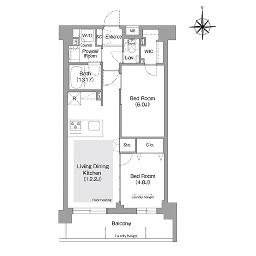 コンフォリア・リヴ文京護国寺(2LDK[J`2タイプ]：53.06㎡)の間取り画像