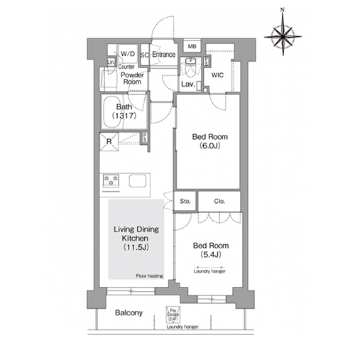 コンフォリア・リヴ文京護国寺(2LDK[K2タイプ]：53.50㎡)の間取り画像