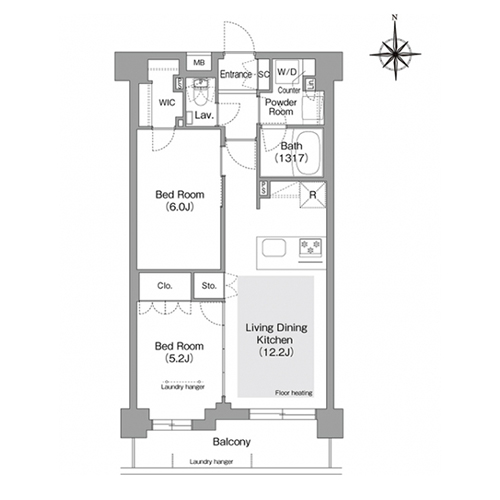 コンフォリア・リヴ文京護国寺(2LDK[J1タイプ]：53.70㎡)の間取り画像