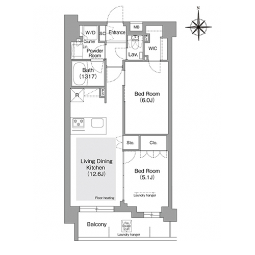 コンフォリア・リヴ文京護国寺(2LDK[Iタイプ]：54.63㎡)の間取り画像