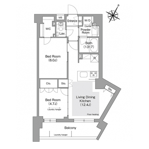 コンフォリア・リヴ文京護国寺(2LDK[H`タイプ]：55.28㎡)の間取り画像