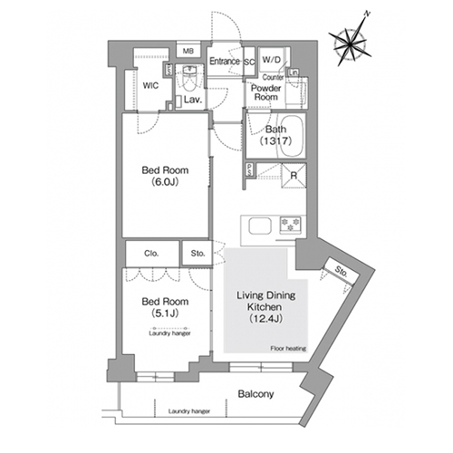 コンフォリア・リヴ文京護国寺(2LDK[Hタイプ]：55.94㎡)の間取り画像