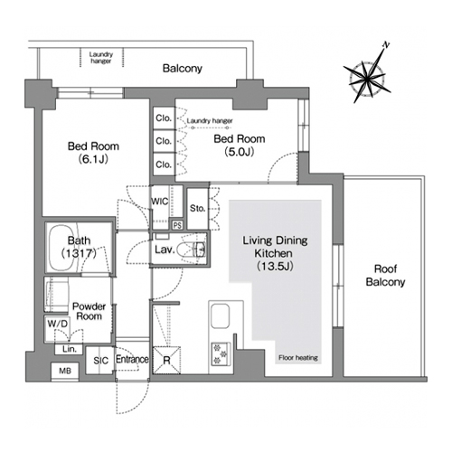 コンフォリア・リヴ文京護国寺(2LDK[Mタイプ]：56.30㎡)の間取り画像