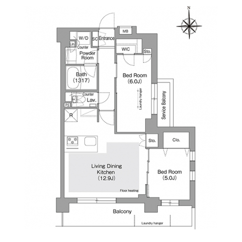 コンフォリア・リヴ文京護国寺(2LDK[L`タイプ]：56.92㎡)の間取り画像