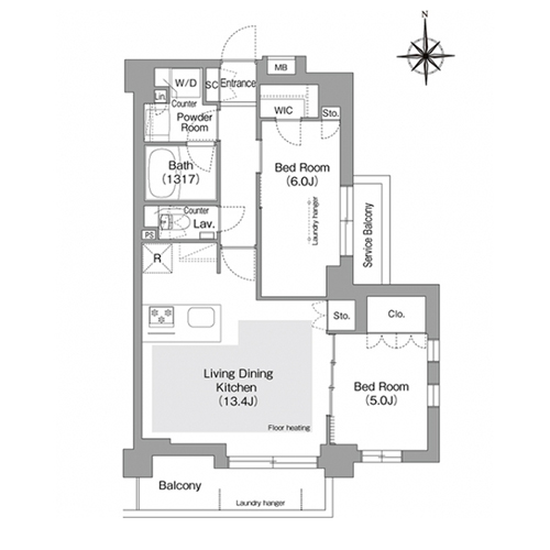 コンフォリア・リヴ文京護国寺(2LDK[Lタイプ]：57.88㎡)の間取り画像