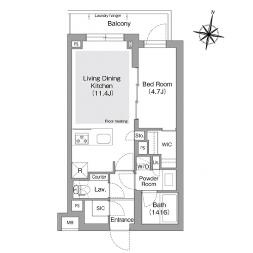 コンフォリア・リヴ東中野(1LDK[Iタイプ]：42.38㎡)の間取り画像