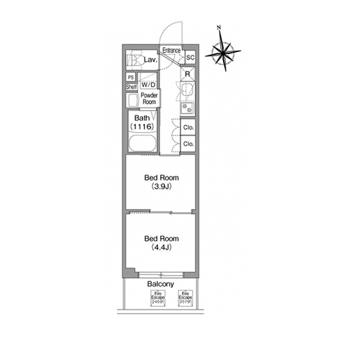 コンフォリア・リヴ北新宿(2K[Bタイプ]：25.36㎡)の間取り画像