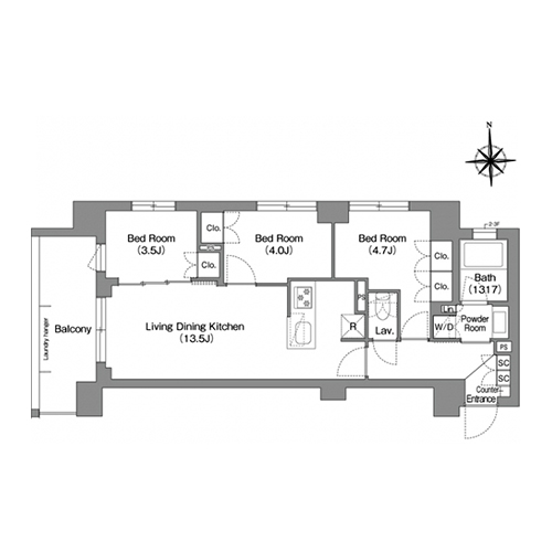 コンフォリア・リヴ大森西(3LDK[W58タイプ]：58.36㎡)の間取り画像